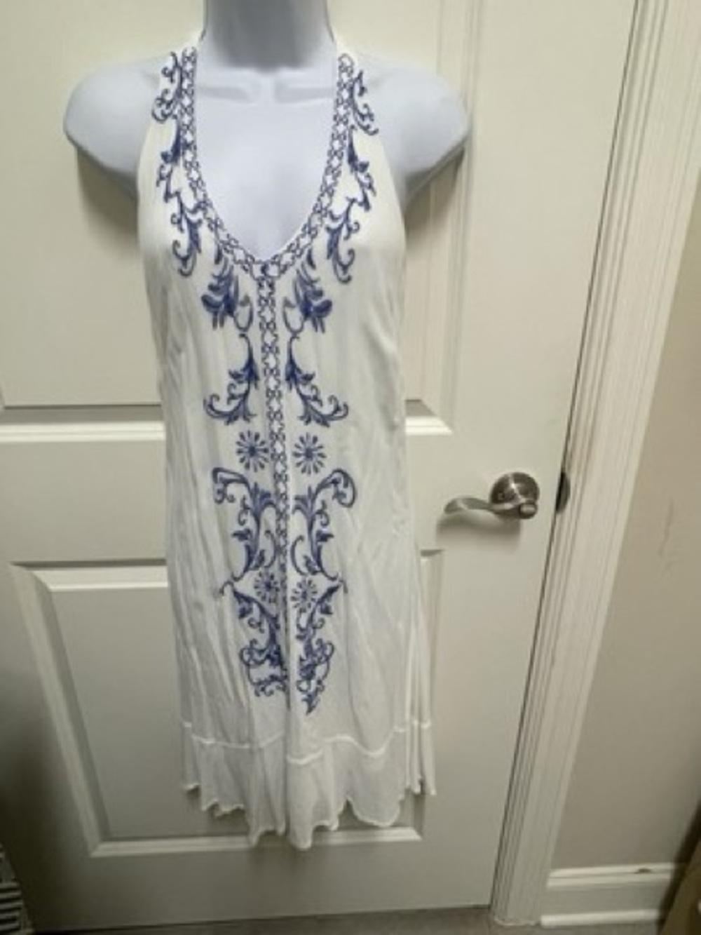 Sequin Hearts White and Blue Embroidered Lined Sleeveless Dress